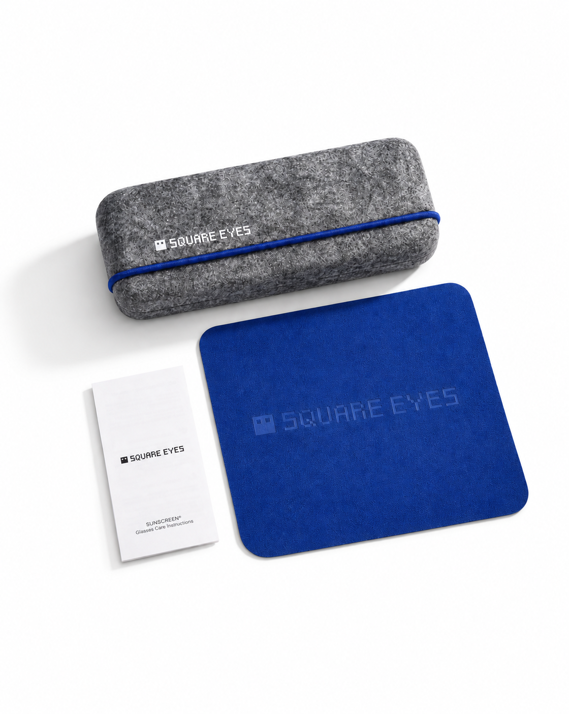 Square Eyes protective felt glasses case, blue microfibre cleaning cloth and glasses care card included with every pair.